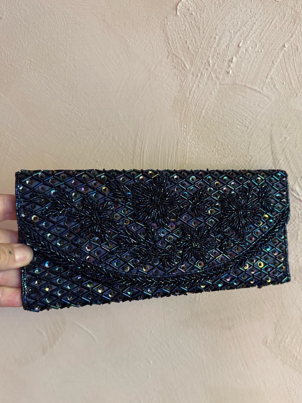 Vintage Navy Iridescent Beaded Sequin Envelope Clutch Floral Evening Bag